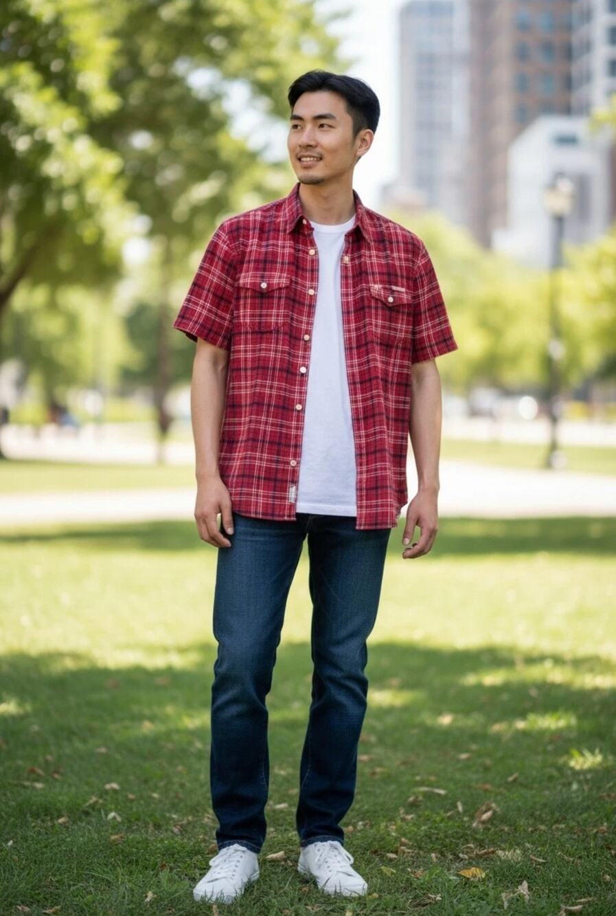 Lucky Brand Men's Short Sleeve Button Up Shirt Color: Red Plaid Size: Large